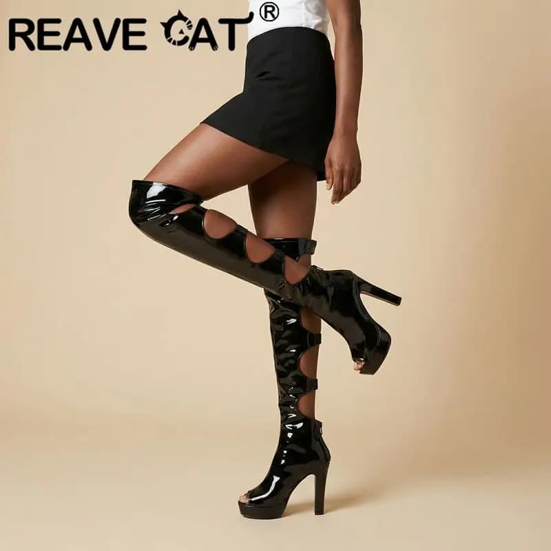 REAVE CAT Red Over Knee High Sandals Peep Toe 12cm Block Heel 3cm Platform Zipper Elastic Band Big Size 44 45 Sexy Party Shoes