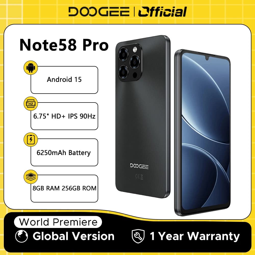 Versione globale DOOGEE Note58 Pro Smartphone 6.75" HD + Display 8GB + 256GB 6250mAh Batteria grande Android 15 NFC Cellulare