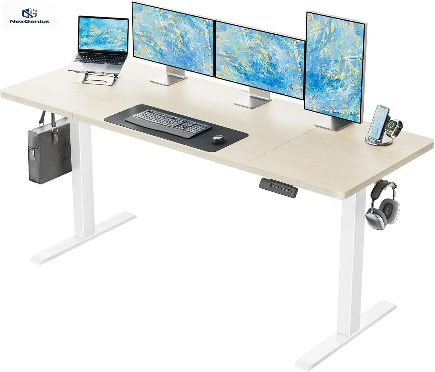 Scrivania elettrica regolabile in altezza da 63 x 24 pollici, con ganci per cuffie e sistema di gestione dei cavi, scrivania sit-stand per la casa