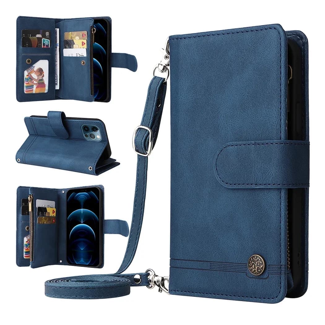 Custodia a Portafoglio Multi 9 Scomparti per Samsung Galaxy Note 20 Ultra S25 Plus S24 S23 FE S22 S21 S20, Lussuosa Cover a Tracolla in Pelle con Cerniera