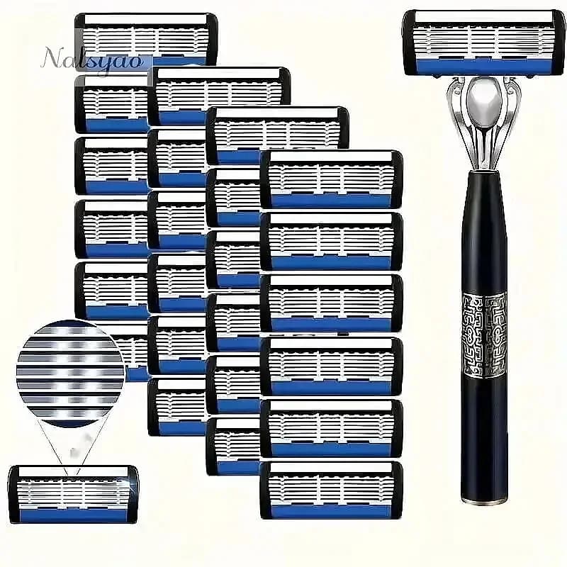 Washable 6-Layer Metal Beard Trimmer for Men, Stainless Steel Blade with Hand Guard, Manual Shaver Holder