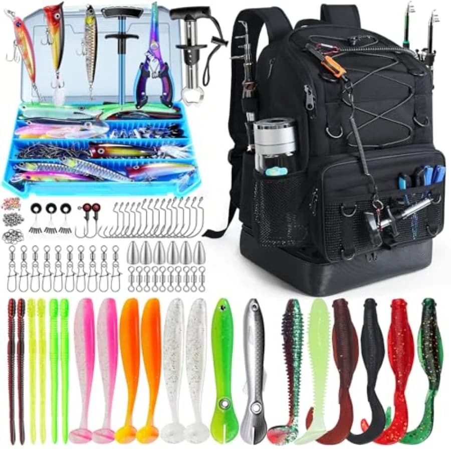 Zaino da Pesca con Scatole Porta Attrezzatura e Portacanna, Borsa Termica, Borsa Grande da 30L con Kit di Esche e Attrezzatura da Pesca, Fondo Impermeabile