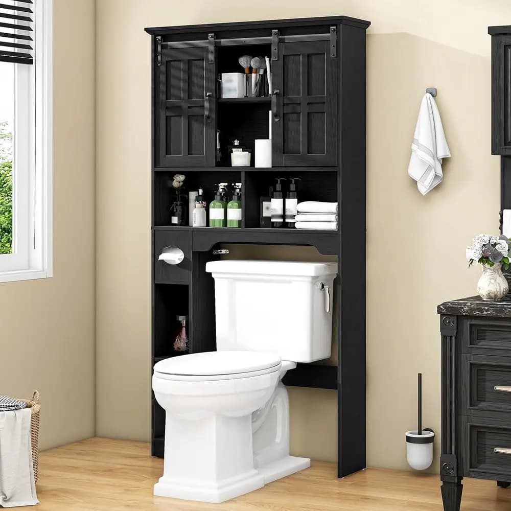 Mobiletto scorrevole da posizionare sopra il WC con ripiano portaoggetti e porta fazzoletti - Organizzatore salvaspazio per il bagno in nero