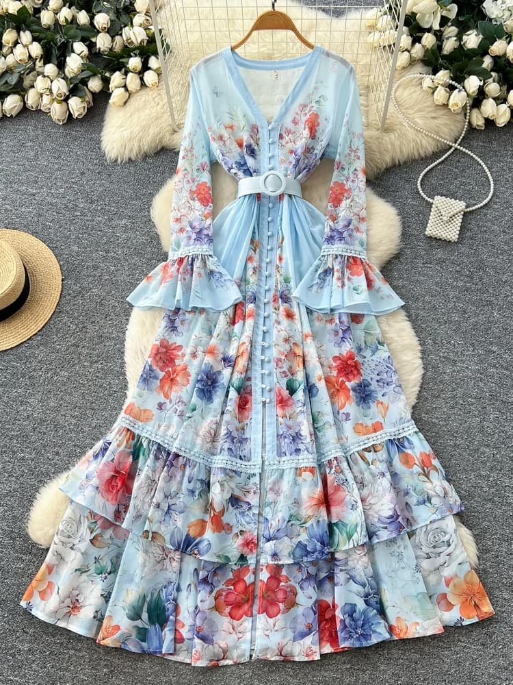 Elegante Abito Lungo da Donna con Scollo a V e Stampa Floreale, Maniche Lunghe, Gonna a Trapezio, Vita Alta in Fibra di Poliestere