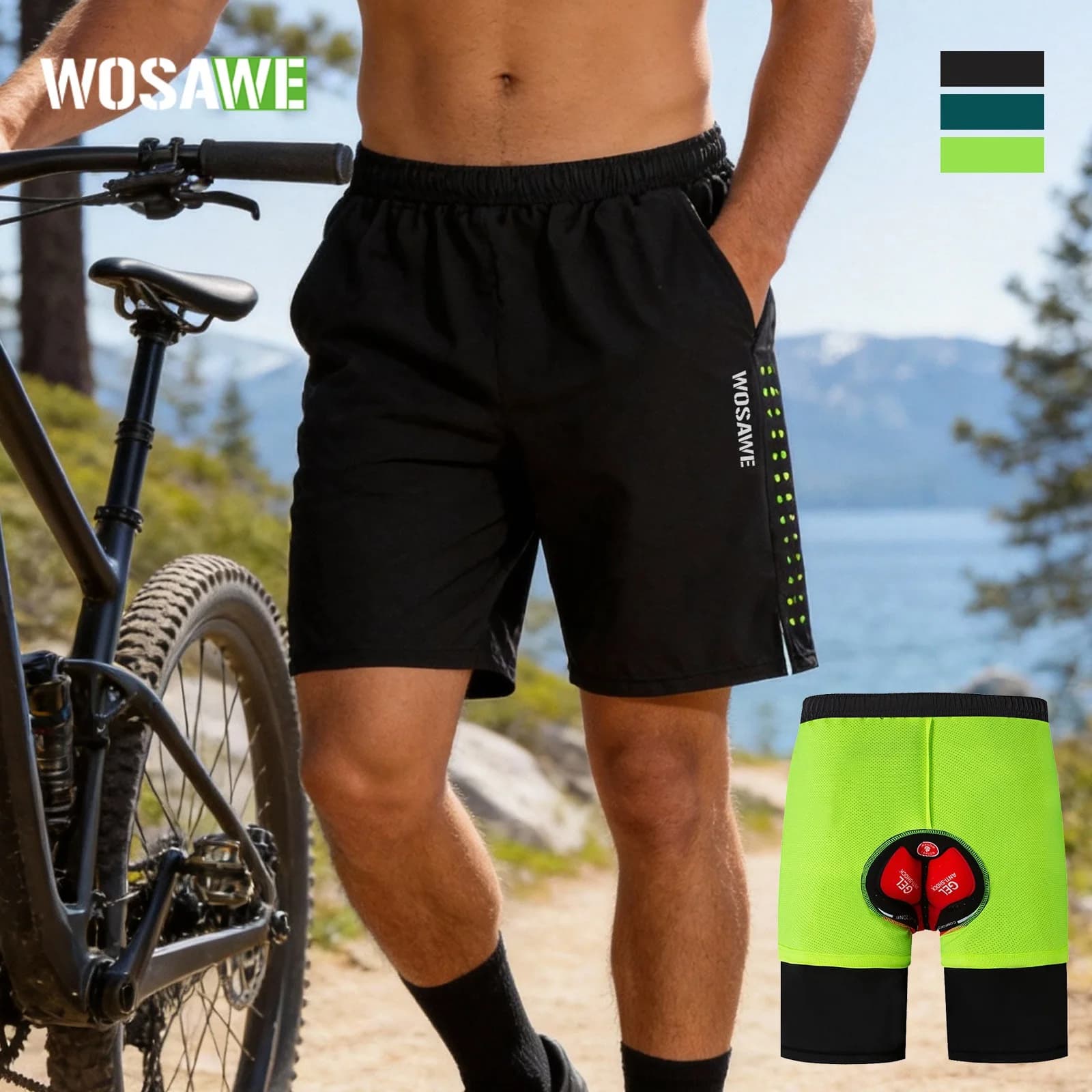 Pantaloncini da ciclismo WOSAWE per mountain bike, pantaloni casual da ciclismo, pantaloncini imbottiti in silicone traspiranti ad asciugatura rapida BL113