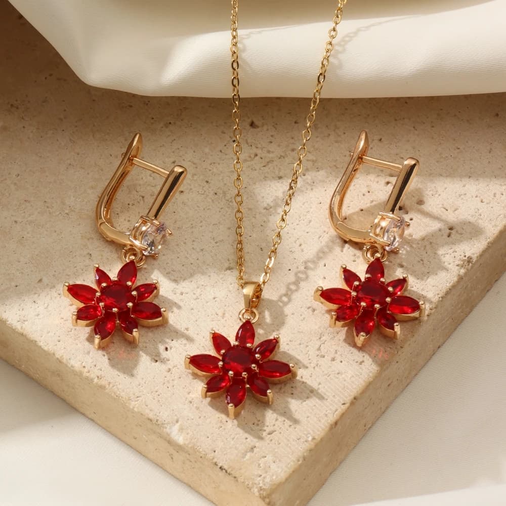 CDJAIME Set di gioielli per le donne 2025 Nuova moda a forma di fiore Zirconia Orecchini pendenti Collana Accessori per feste di nozze dorate