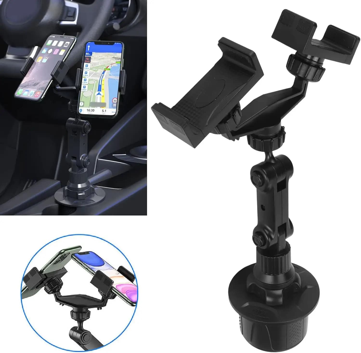 Supporto Doppio per Telefono da Auto per Portabicchieri - Collo Extra Lungo e Flessibile, Rotazione a 360° ° Supporto per telefono da auto girevole per 2 telefoni