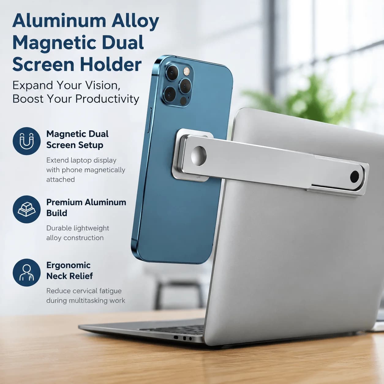 Laptop Phone Holder Magnetic Monitor Mount Dual Screen Setup Aluminum Stand Side Mount Clip Ergonomic Portable Monitor Holder