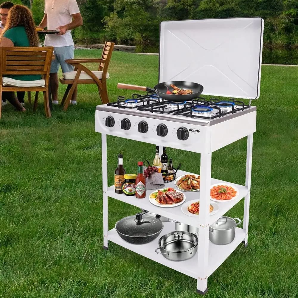 Fornello a gas, fornello a propano a 5 fuochi, fornello da campeggio con accensione automatica, supporto con gambe e adattatore con copertura antivento, portatile