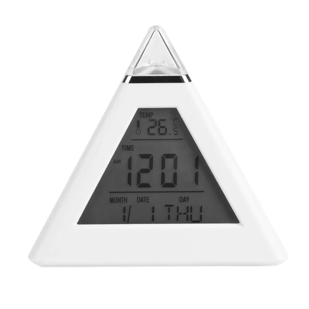 Pyramid thermometer with LED alarm, white table clock with color change, digital battery display, night light for bedroom