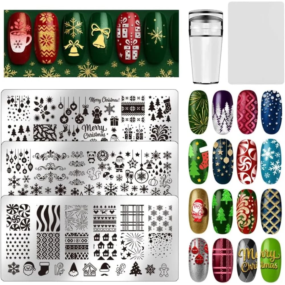 3Pcs Christmas Nail Stamp Plates Set Snowflakes Nail Stamping Plate Christmas Tree Santa Claus Nail Stencils Xmas Bell Nail
