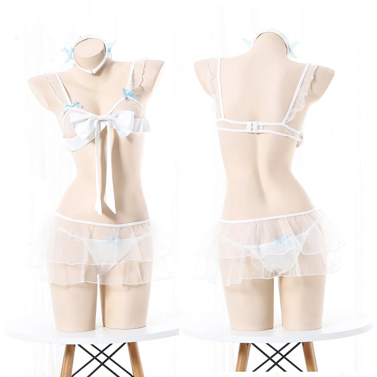 Sweet Sheer Mini Tank Bow Dress Mesh Transparent Bikini Sexy Hollow Out Maid Dress Elegant Lace Up Bow Tie Swimsuit