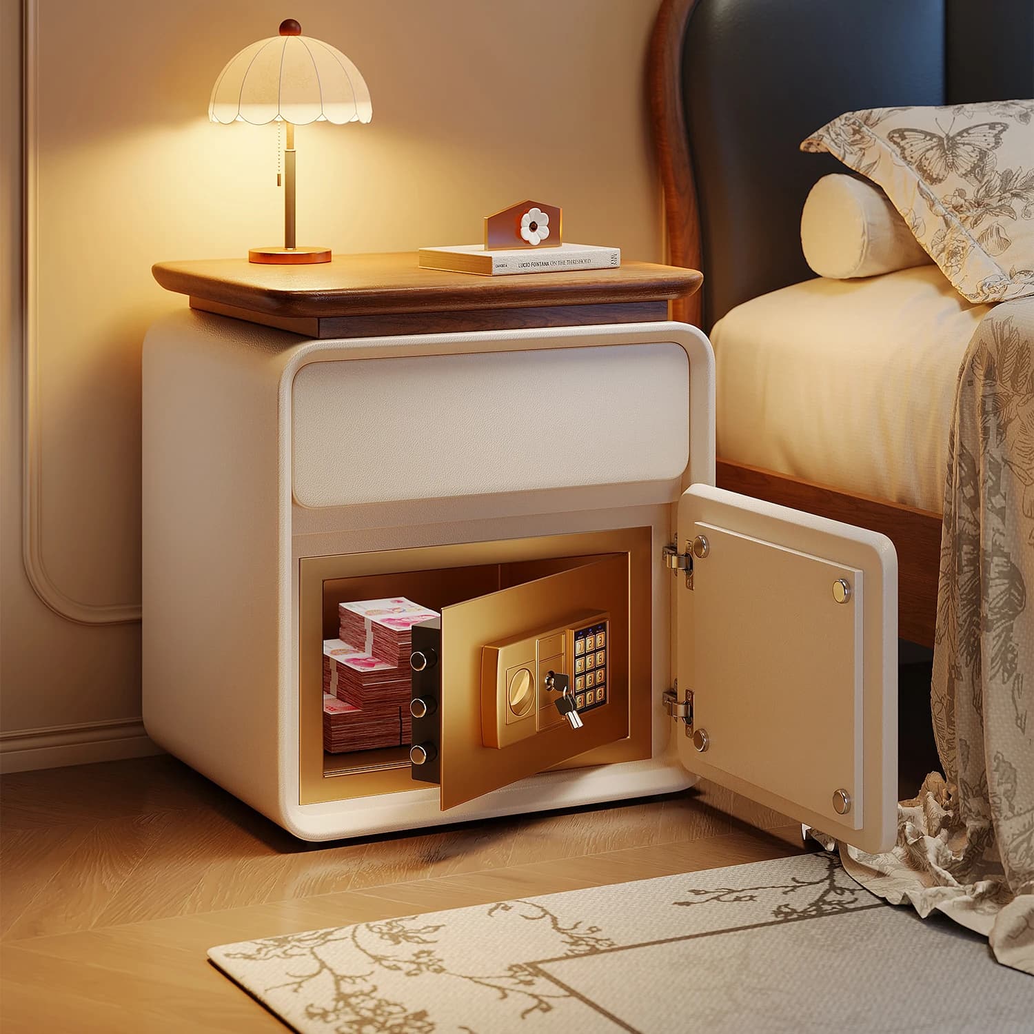 Solid wood smart bedside table safe integrated with lock safe