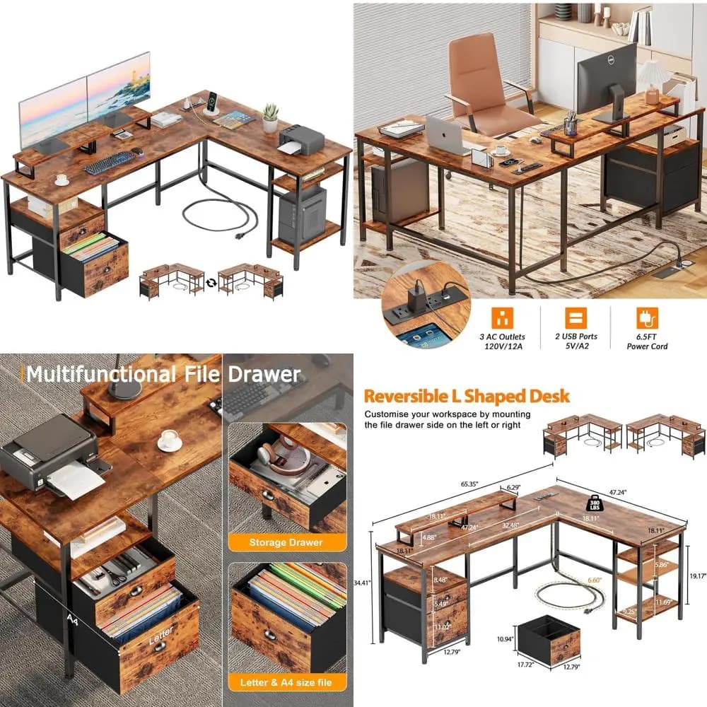 66 inch L-shaped desk with power outlet, reversible computer play desk with document drawer and 2 home office monitor supports with St