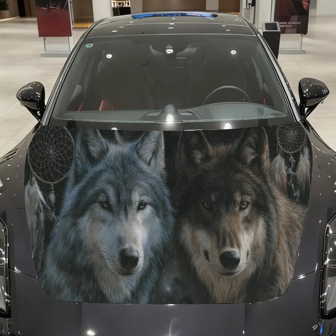 Wolf Car Hood Cover, Dreamcatcher and Snowy Scene Car Exterior Decal, Waterproof and Self-adhesive Car Hood Decal, Auto Vinyl Wr