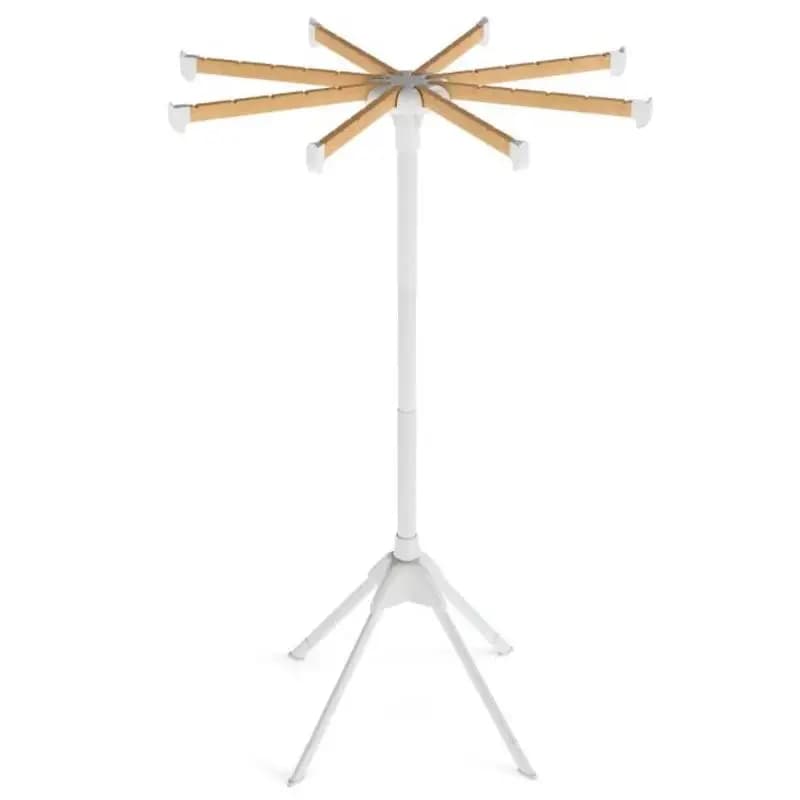 Foldable Clothes Drying Rack With 4 Legs, 8 Bamboo Rods And 40 Hanger Slots, Indoor Laundry Airer For Apartment Balcony, Natural And White Finish
