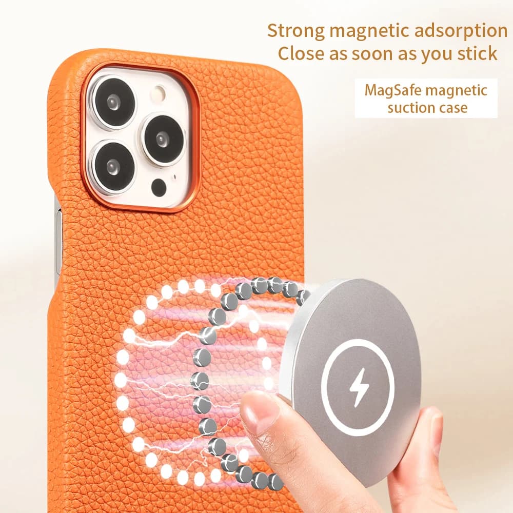 Per custodia Magsafe per iPhone 13 Pro Max 13 Mini 13Pro Pelle bovina naturale Lychee Pelle magnetica di lusso con struttura in metallo Cover posteriore per telefono