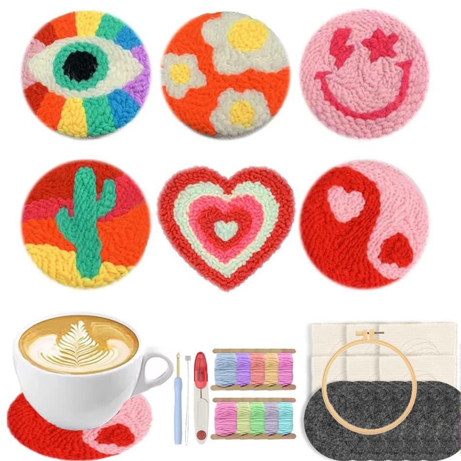 6Pcs Cup Mat Coaster Punch Needle Embroidery Kit For Adult Heart-Shaped Tufting Coaster Drink Mug Mat Table Placemat Decor