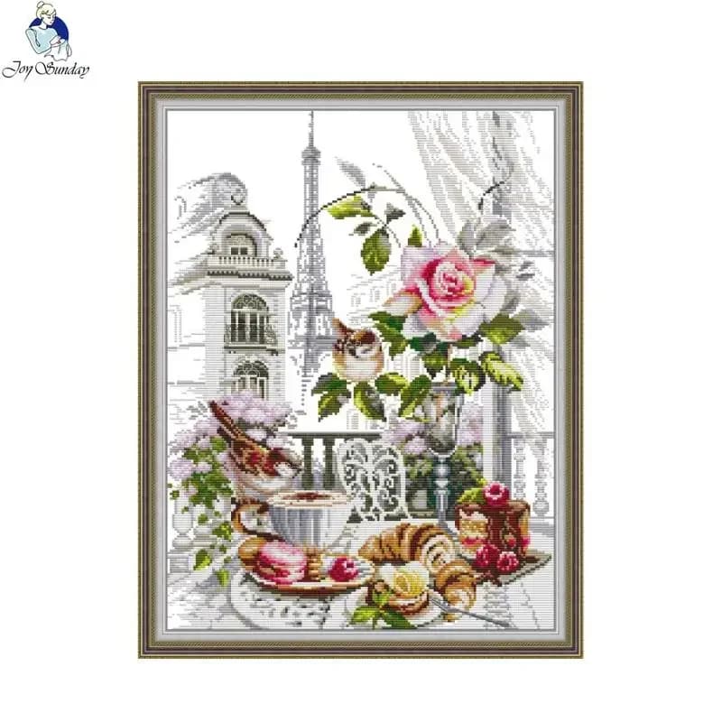 Joy Sunday Print Kit punto croce fai da te colazione francese e motivo floreale Aida 14CT 11CT conteggio Kit ricamo in tessuto bianco regalo