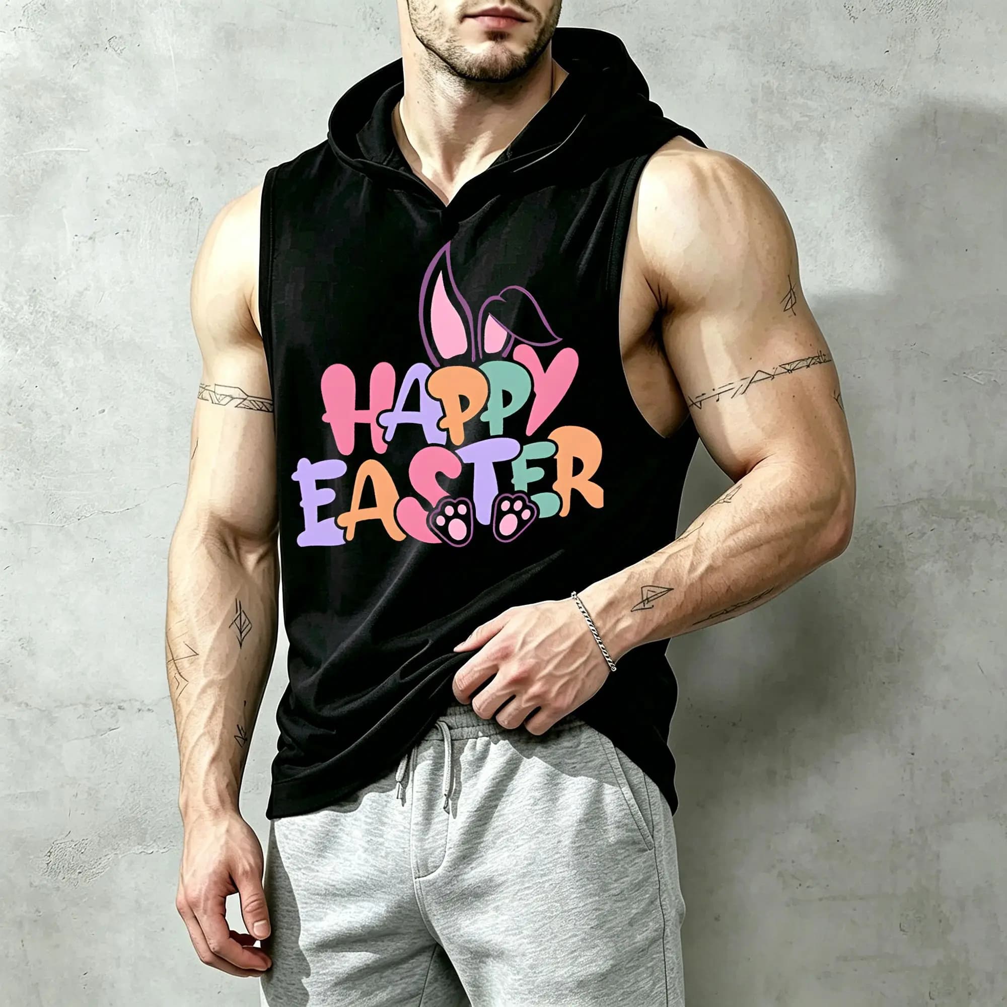 Happy Easter Bunny Print Men's Fashionable Sleeveless Hoodie, Casual Everyday Wear, Soft Fabric, Machine Washable
