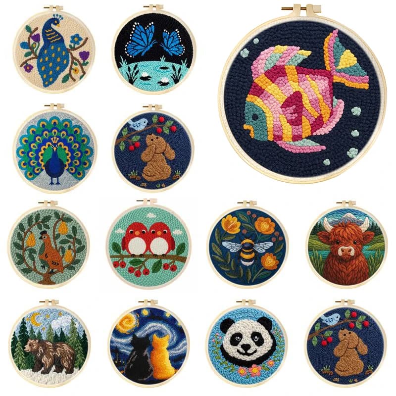 DIY Punch Needle Kits with Hoop Cartoon Animal Easy for Beginners Embroidery Punch Needle Starter Craft Set Festival Gift and De