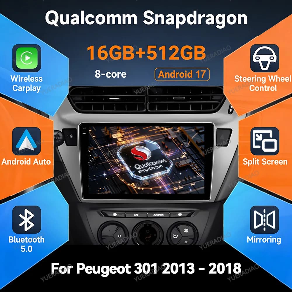 Android 17 Car Radio For Peugeot 301 Citroen Elysee 2013 - 2018 Qualcomm Multimedia Viedo Player NAVI GPS 4G WIFI Head Unit QLED