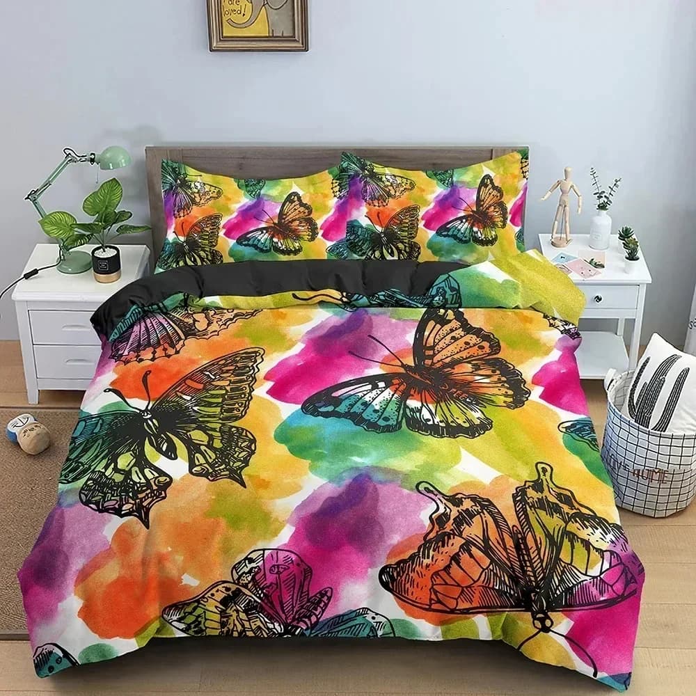 Set di Biancheria da Letto con Motivo a Farfalle e Margherite, Copripiumino Stampato, Lenzuola e Federe, Set Completo per Letto Matrimoniale, Queen o King Size