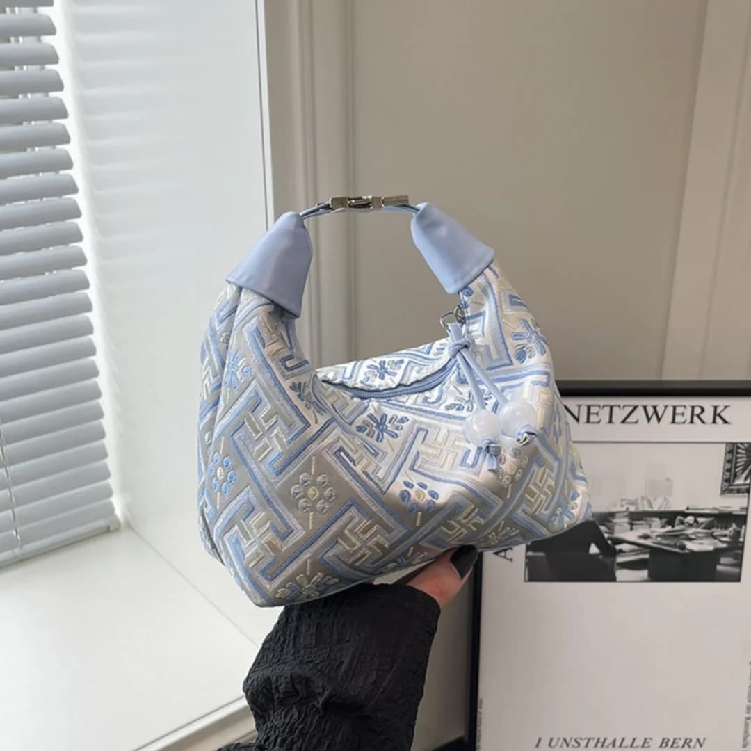 New Chinese Style Jacquard Bucket Bag with Pearl Tassel for Women Girls Daily Commute Soft Crossbody Shoulder Handbag