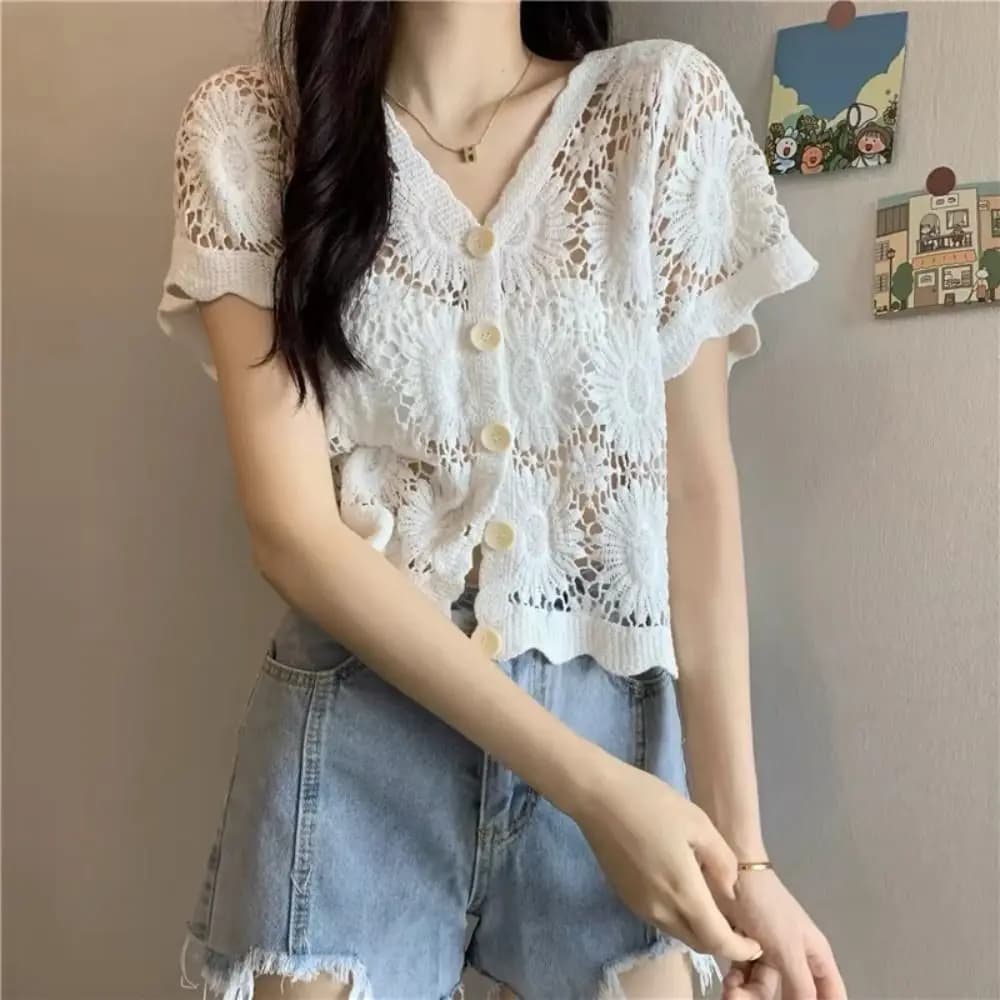 Top Estivo con Scollo a V in Crochet, Manica Corta, Stile Boho, Blusa Traforata con Ricami