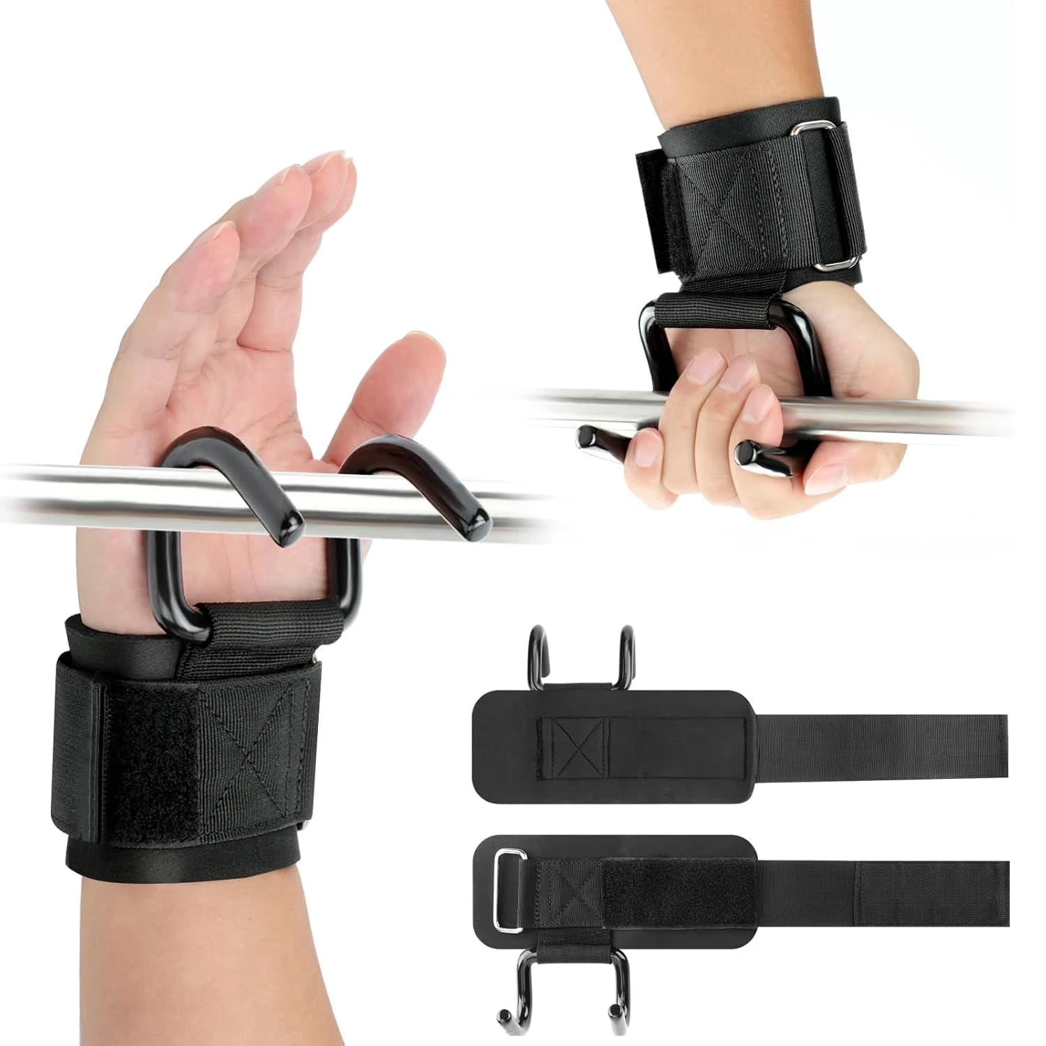 1 paio di ganci per sollevamento e cinturini da polso imbottiti, impugnature per stacco per sollevamento pesi, trazioni, coprispalle e powerlifting