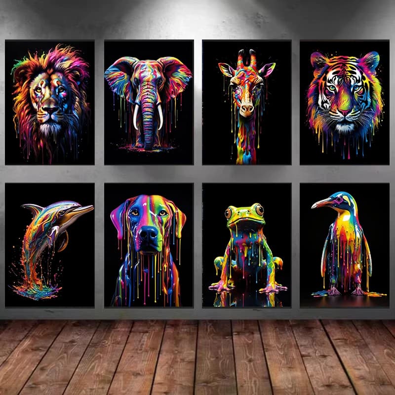 Animals With Paint Canvas Painting Rainbow Dog Sea Otter Elephent Poster Canva Prints Pictures Frog Animal Wall Art Decor