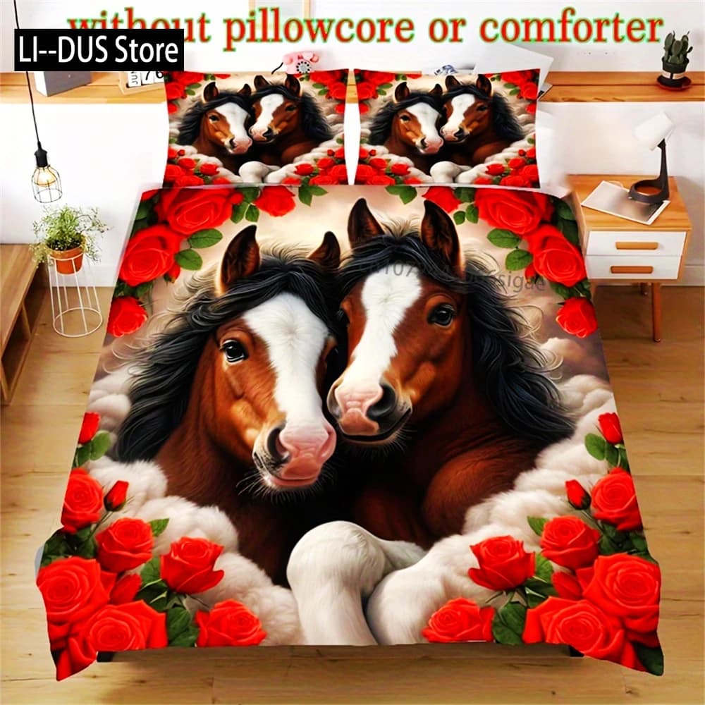 Set copripiumino con stampa animalier 3D Set biancheria da letto con stampa digitale modello cavallo e rosa con federe (senza inserto copripiumino) per tutte le stagioni