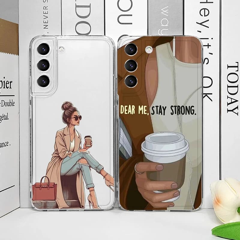 Fashion Girl Women Coffee Miss Custodia trasparente per telefono per Samsung Galaxy S25 S24 S23 S22 S21 S20Plus Ultra FE A55 A54 Cover morbida