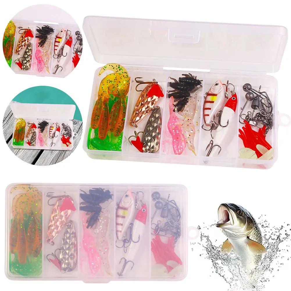 Set di esche da pesca da 45 pezzi Set di esche morbide e dure con scatola per attrezzatura per accessori per attrezzatura a manovella per luccio spigola