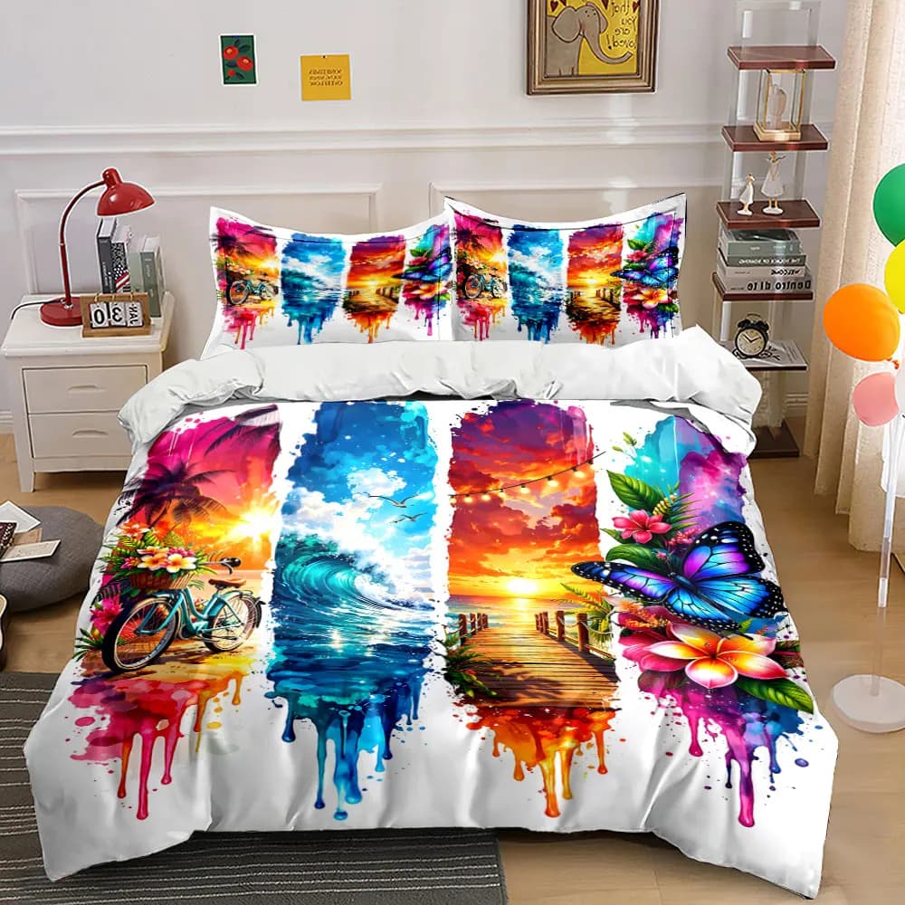 Tropical-themed colorful collage Duvet Cover Set with 3D Printing Design Soft Polyester Bedding Set All-Season Comfort
