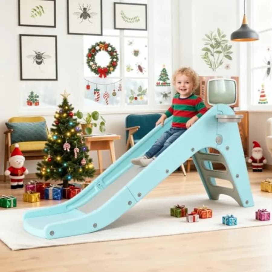 Scivolo 3 in 1 per Bambini, Scivolo Extra Lungo con Set da Gioco, Canestro da Basket e Palla, Gradini Antiscivolo, Autoportante per Interni ed Esterni