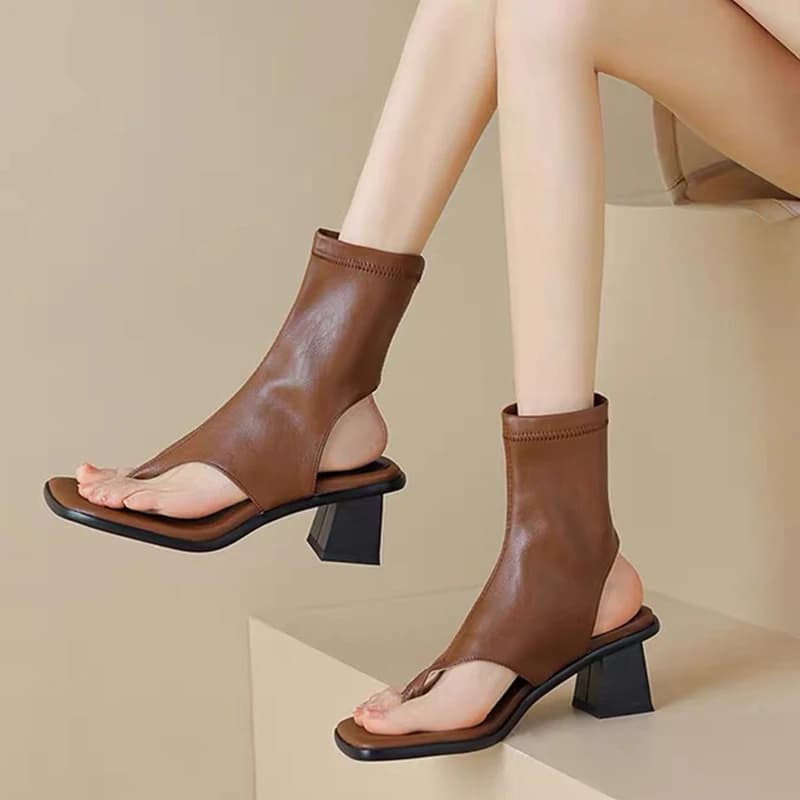 Women Stretch Thong Square Toe Open Back Ankle Booties Chunky Block Heel Clip Toe Casual Summer Office Party Sandals Shoes Woman