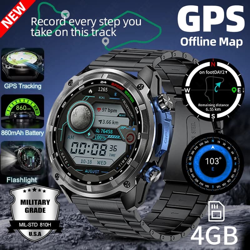 Nuovo Smartwatch con GPS Integrato, Bussola, Batteria da 1000mAh, Memoria 4GB, Impermeabile 10ATM, Chiamate Bluetooth, per Uomo, Sport e Fitness