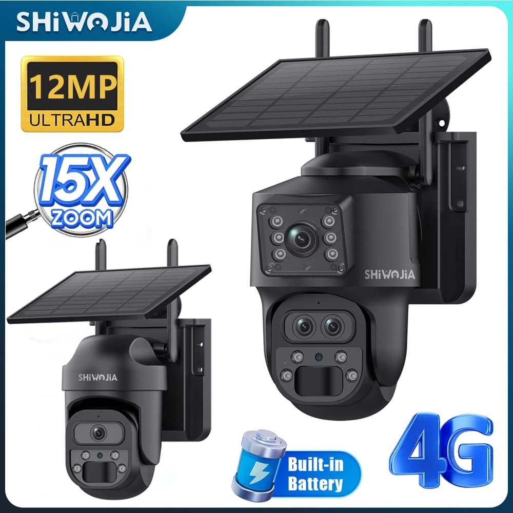 SHIWOJIA 15X ZOOM Solar Camera 4G 12MP Three lenses 360 ° View IP PTZ camera from external security with 5 W solar panel, 7800 mAh UBOX battery