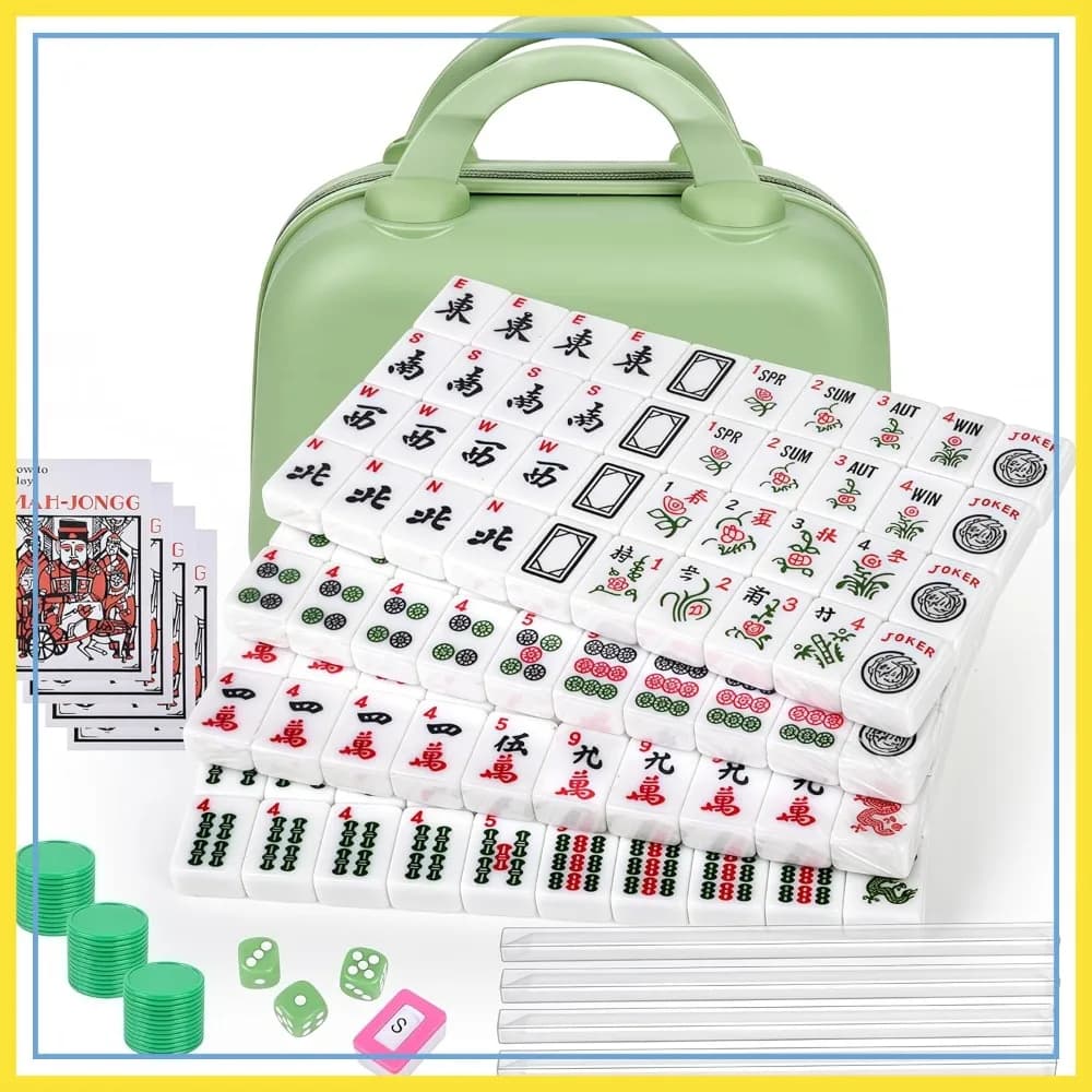 Set Portatile di Mahjong Americano, 166 Tessere con Borsa, Dadi, Fiches, Indicatore del Vento, Libro di Istruzioni