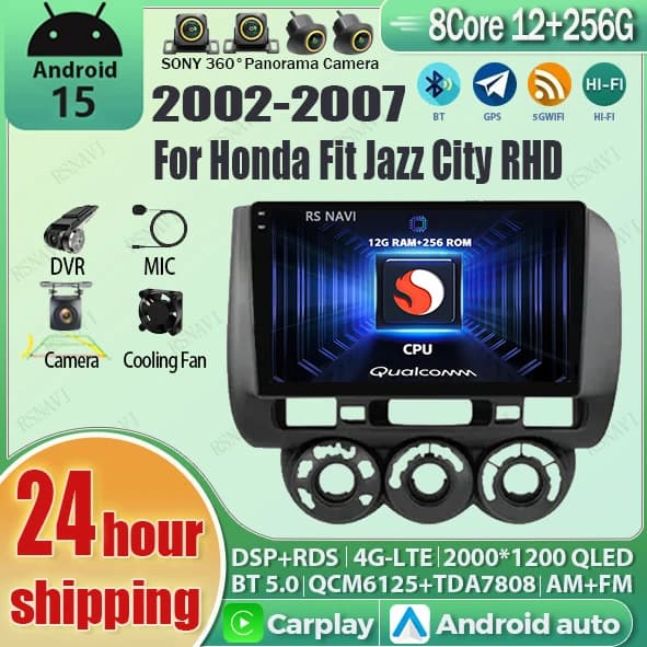 Android 15 Carplay Auto Qualcomm 2K Schermo Lettore di autoradio per Honda Fit Jazz City RHD 2002-2007 GPS Wifi 4G navigazione Stereo
