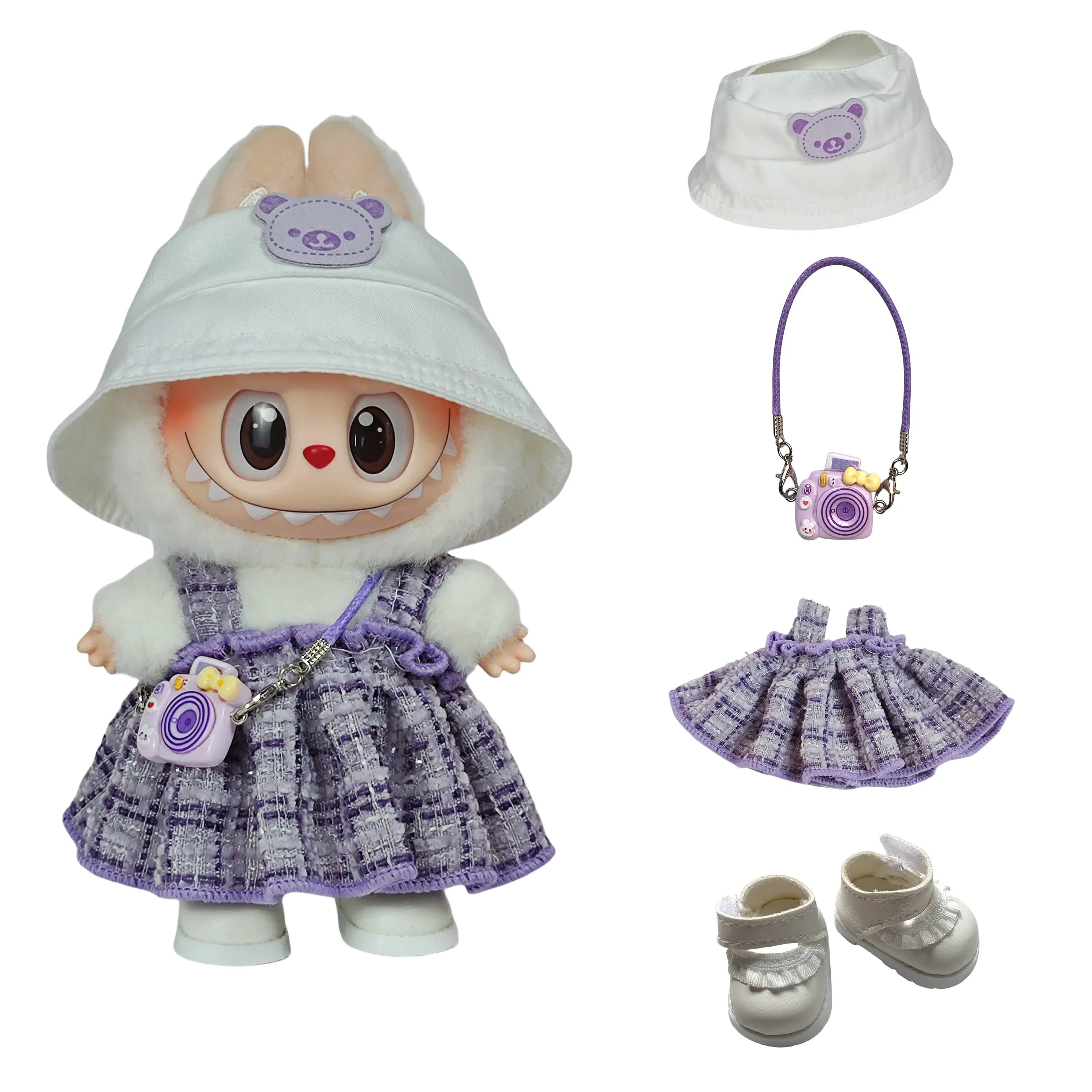 Clothes for Labubu 1st/2nd/3rd Gen Hanging Outfits - Purple Plaid Overall Dress for Sitting Dolls