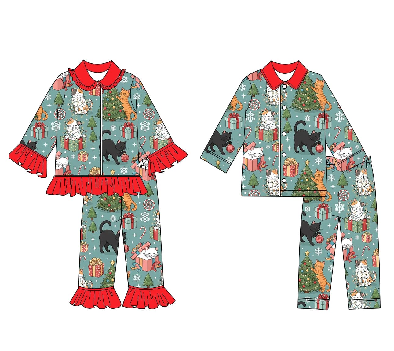 Nuovo vestito per bambini boutique di vendita caldo Pantaloni natalizi a maniche lunghe albero di gatto stampa cartoon set pigiama con risvolto per ragazze e ragazzi