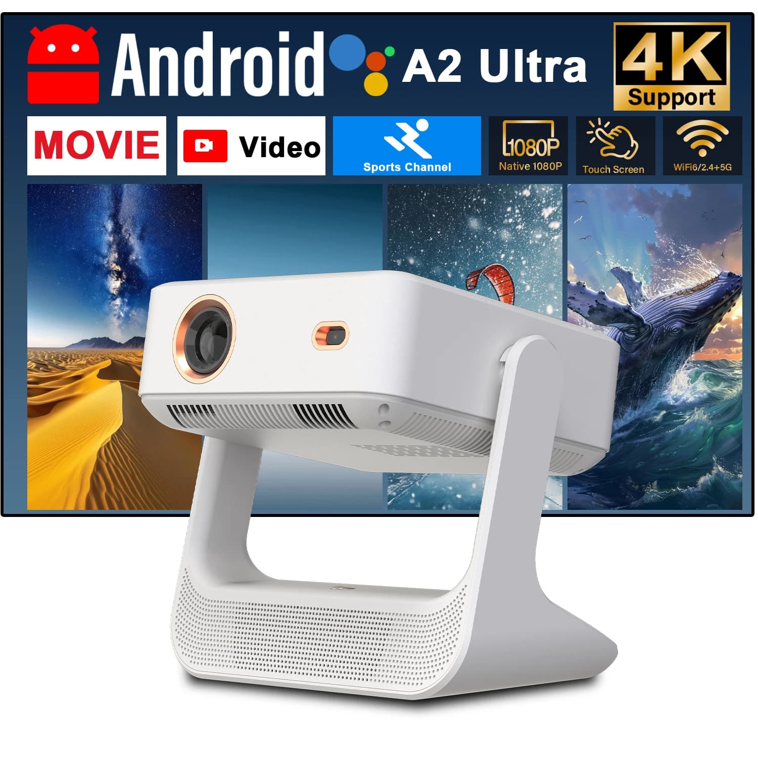 Office Sports Projector Wireless Screen Cast Android12 4K Projection Elder Friendly No Remote Control Needed