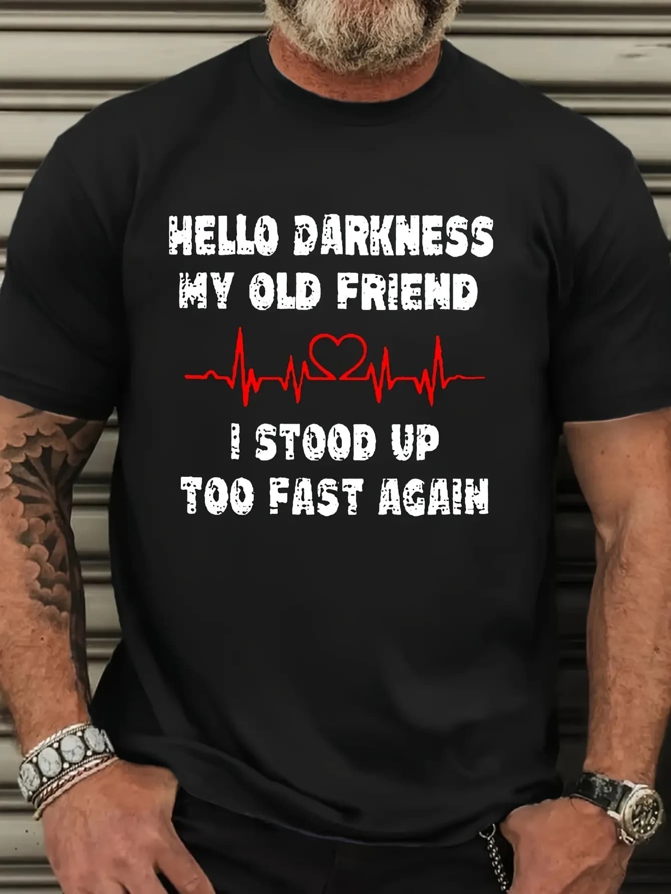 Men's Funny Humor T-Shirt Heartbeat Graphic Hello Darkness Quote Casual Short Sleeve Round Neck Tee Men Clothing Comfortable