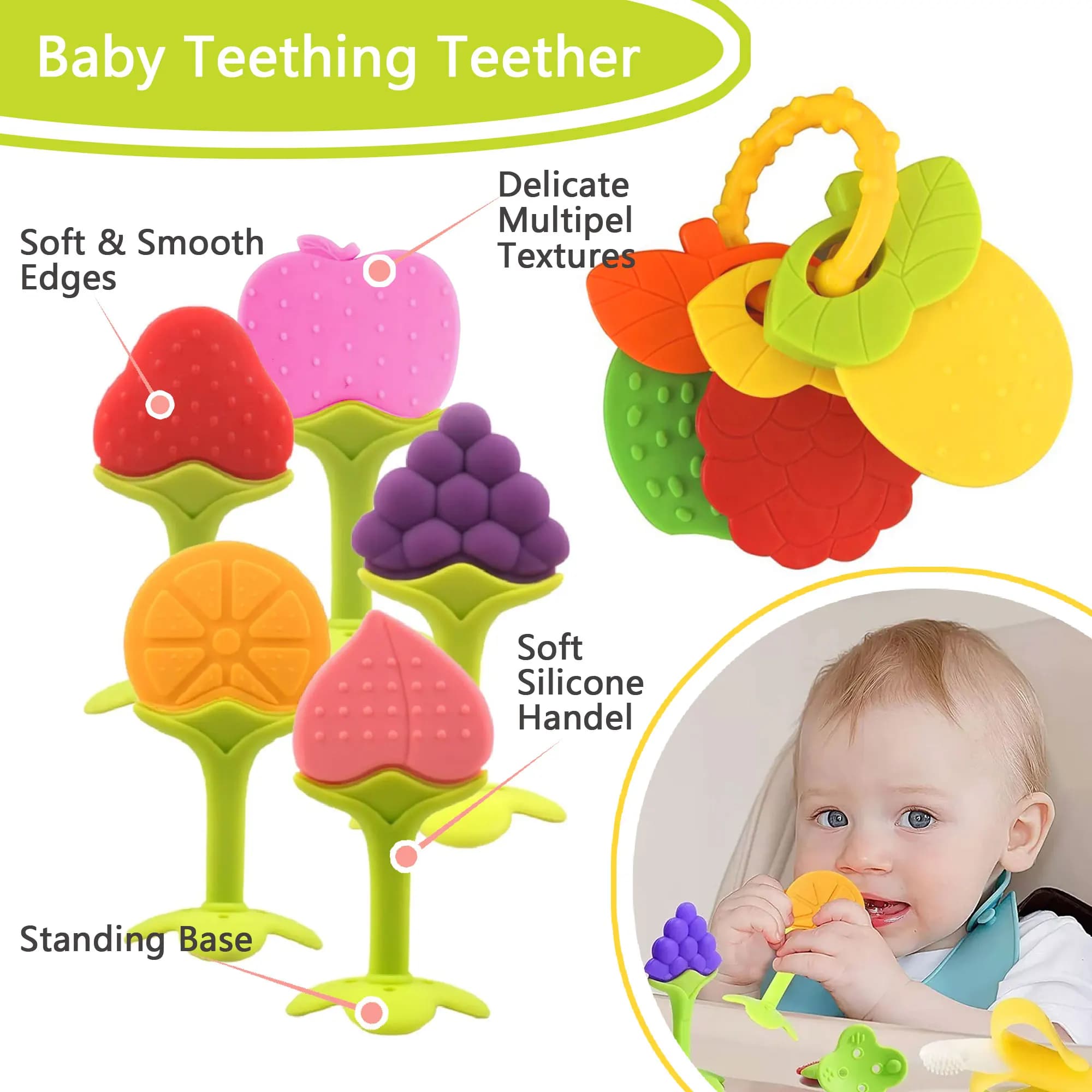 Massaggiagengive a forma di frutta per neonati, facile da afferrare, in silicone alimentare, design anti-ingozzamento