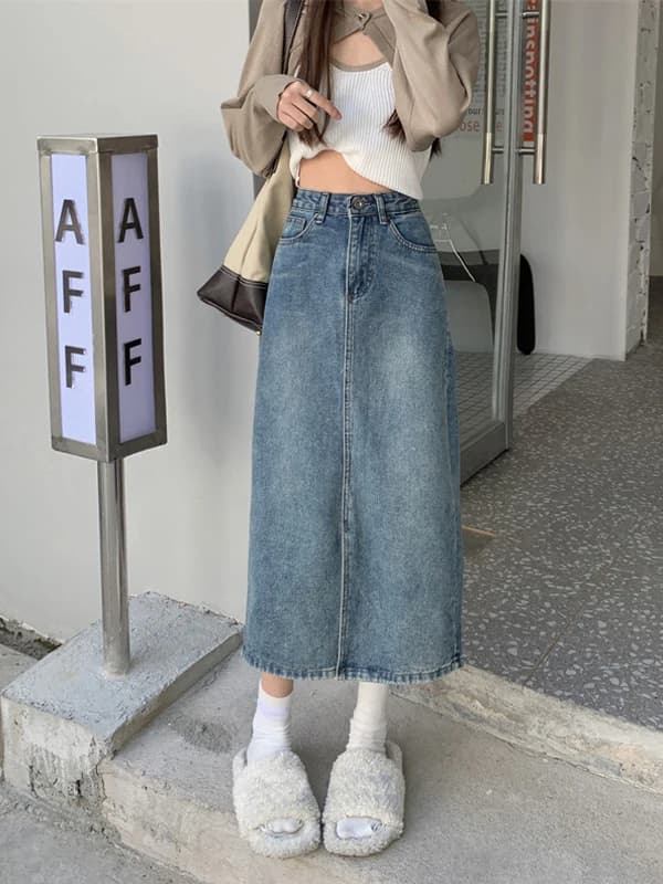 Retro Hong Kong Style Mid-Length A-Line Denim Skirt High Waist Slimming Women's Spring Summer New Chic Versatile Breathable