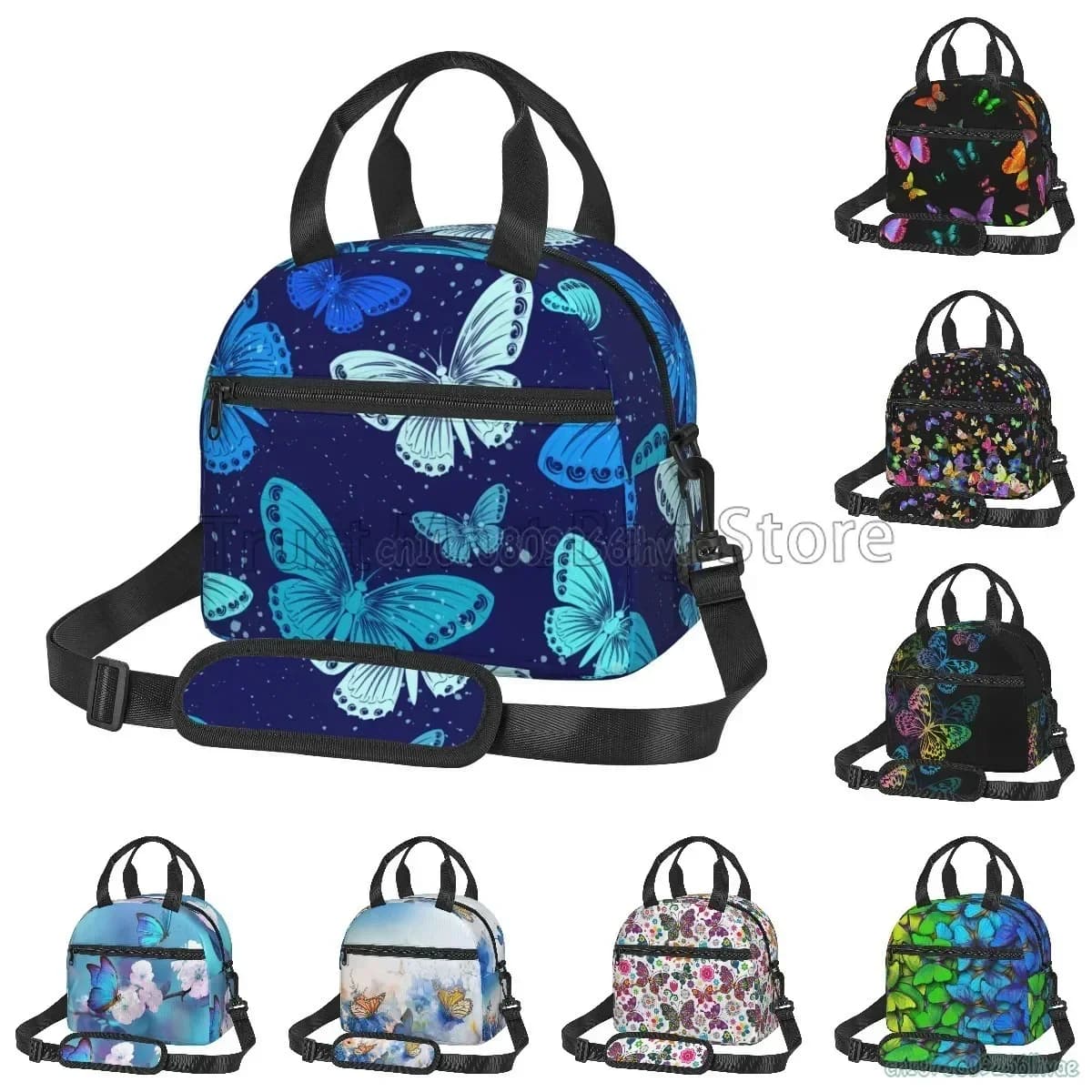 Borsa per il pranzo isolata con farfalle colorate Borsa Bento riutilizzabile Scatola per il pranzo termica con tracolla per le donne Scuola Lavoro Picnic