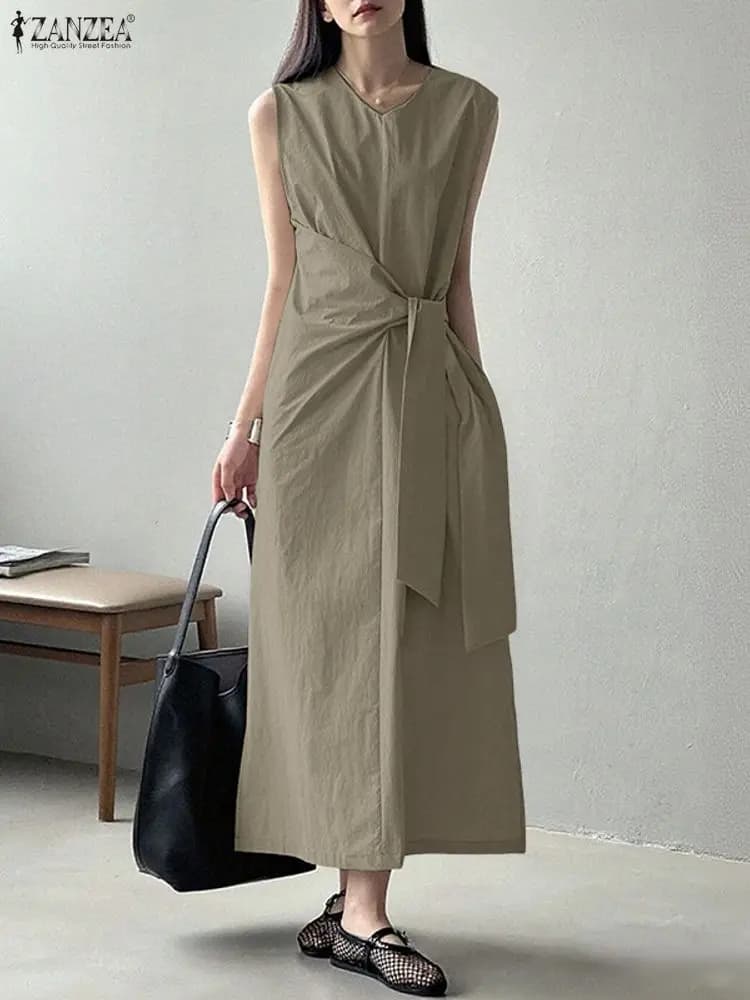 ZANZEA Elegante Vestito Estivo Lungo Delle Donne Senza Maniche Pieghettato Fasciatura Maxi Abiti 2025 Moda Estate Vintage Solido Casual Party Robe