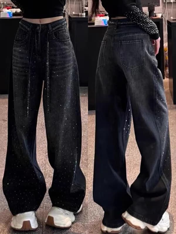 Jeans Denim Donna a Vita Alta e Gamba Larga, Nuovi Modelli Primavera, Taglie Forti, Effetto Snellente, Neri con Strass, Casual, Pantaloni Lunghi